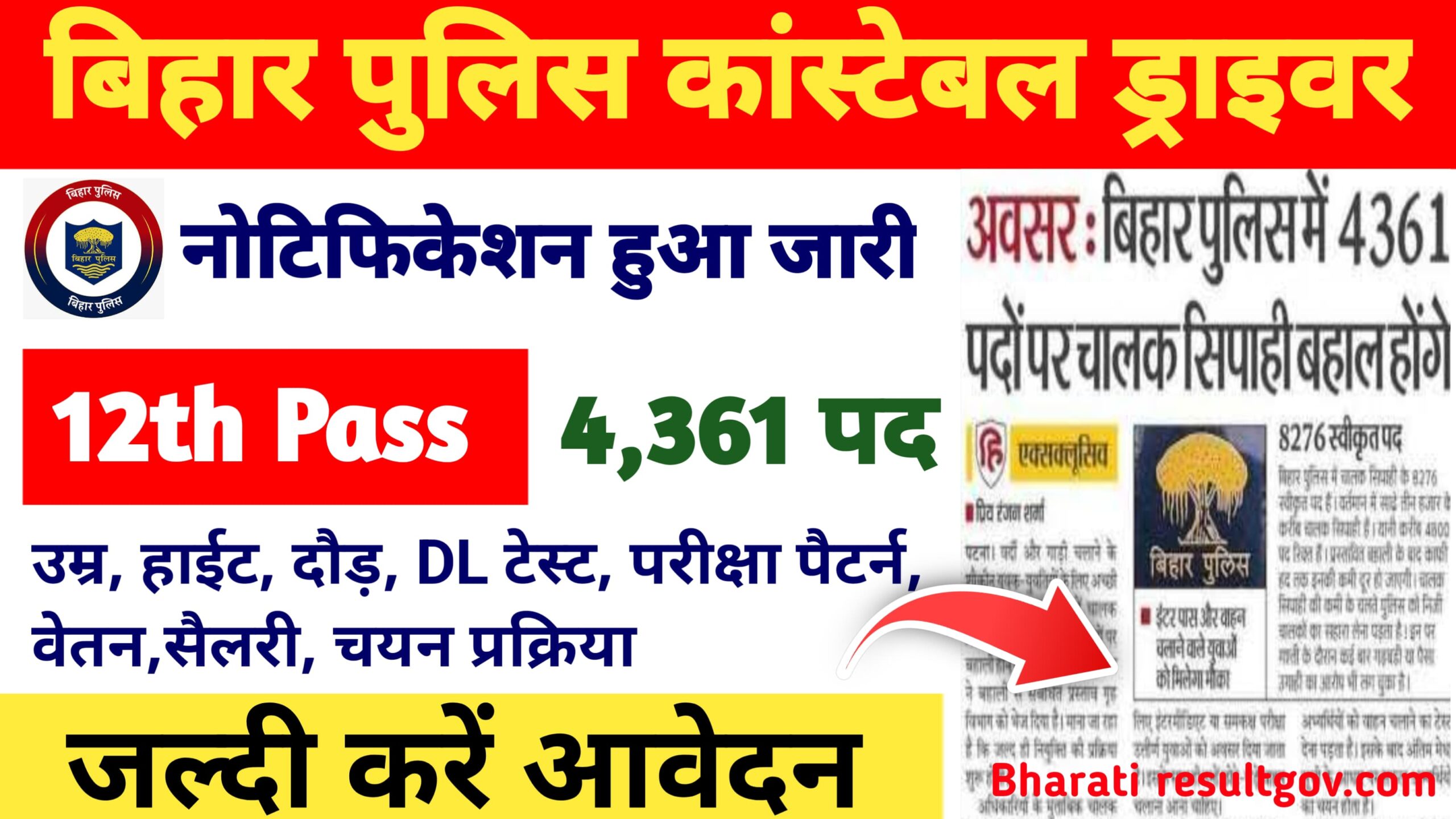 बिहार पुलिस चालक सिपाही भर्ती 2025 :4361 पदों पर निकली बंपर भर्ती।